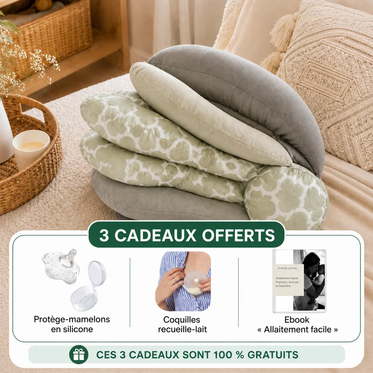 Coussin d'allaitement CoconConfort 4 positions gris et vert sauge avec 3 cadeaux gratuits : protège-mamelons silicone, coquilles recueille-lait et e-book allaitement