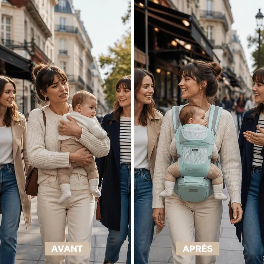 AËL Porte bébé hip seat - Avant après : femme soulagée grâce au porte bébé ergonomique
