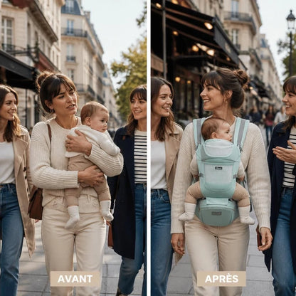 AËL Porte bébé hip seat - Avant après : femme soulagée grâce au porte bébé ergonomique