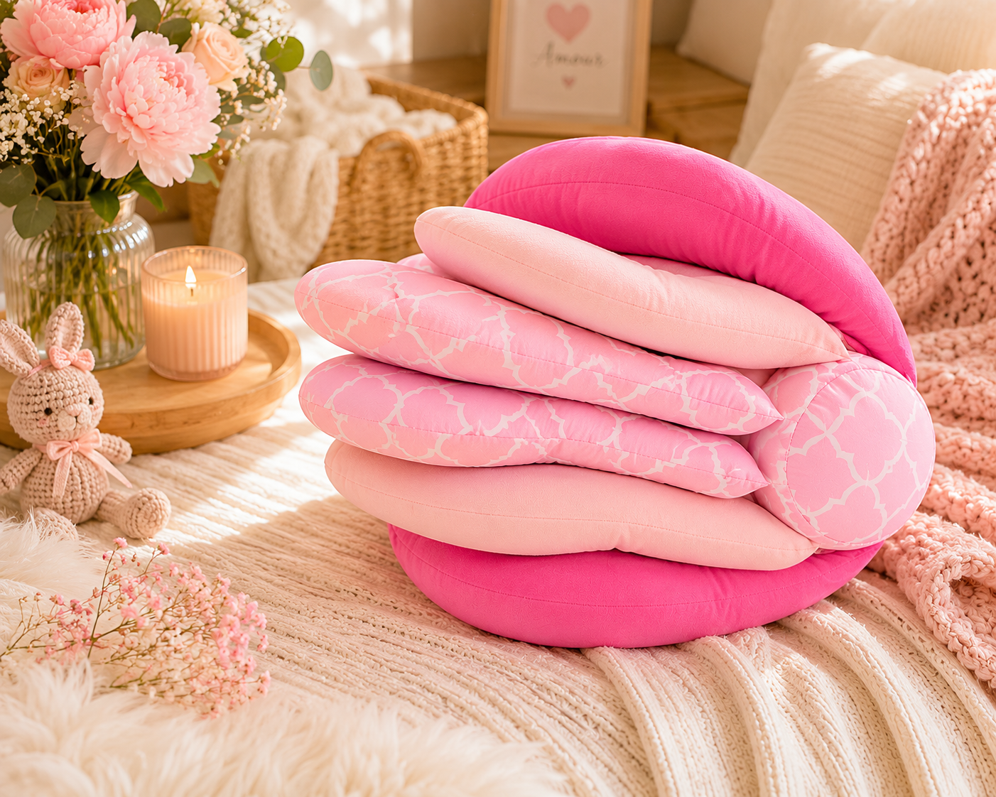 Coussin d'allaitement CoconConfort™ rose dans une chambre bébé cosy