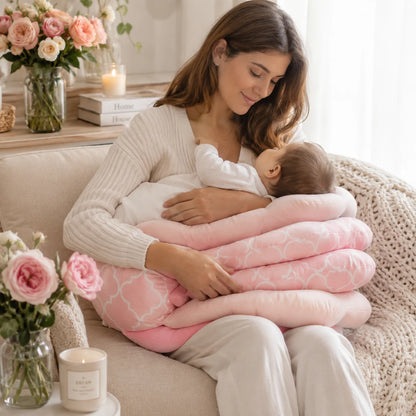 Maman allaitant tendrement son bébé sur un canapé avec le coussin d'allaitement 4 positions CoconConfort rose motif marocain, ambiance cosy