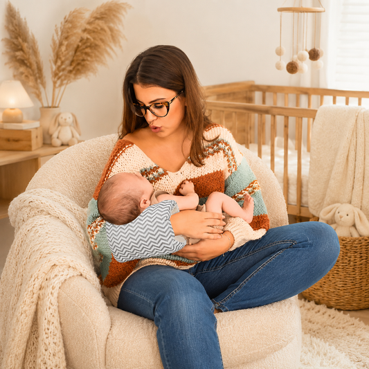 Maman allaitant dans un fauteuil avec le coussin d'allaitement de bras Numa