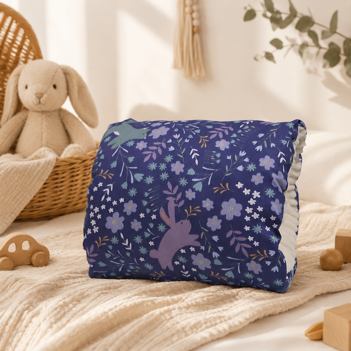 Coussin d'allaitement de bras motif fleurs et lapins bleu nuit