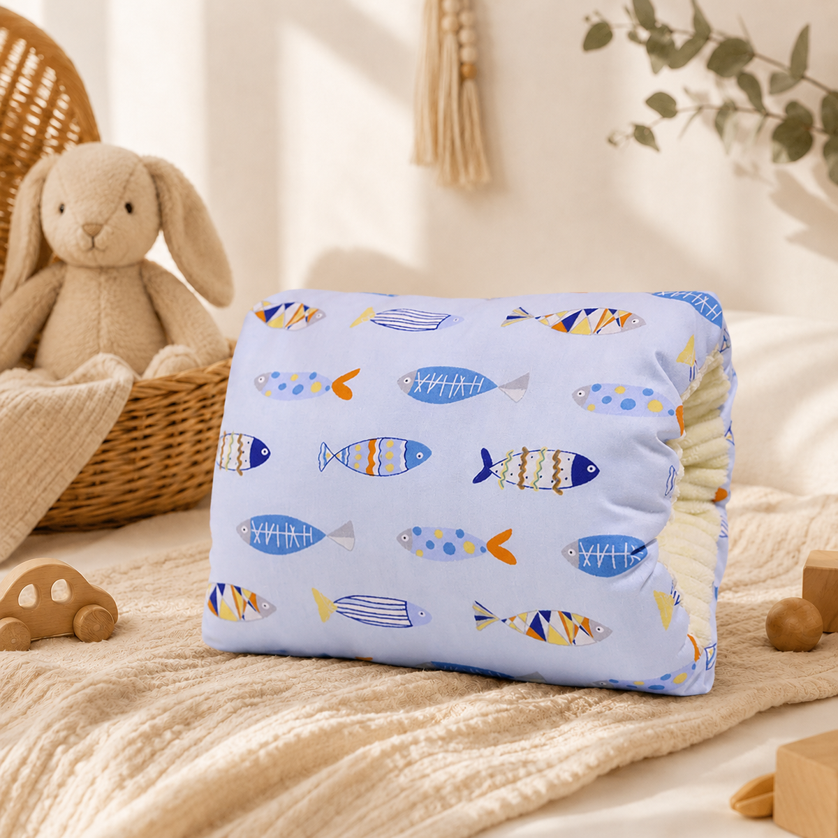 Coussin d'allaitement de bras motif poissons bleu ciel
