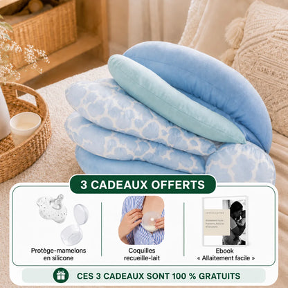 Coussin d'allaitement CoconConfort 4 positions bleu motif marocain avec 3 cadeaux gratuits : protège-mamelons silicone, coquilles recueille-lait et e-book allaitement