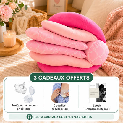 Coussin d'allaitement CoconConfort 4 positions rose avec 3 cadeaux gratuits offerts : protège-mamelons silicone, coquilles recueille-lait et e-book allaitement facile