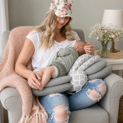 Jeune maman allaitant son bébé avec le coussin d'allaitement 4 positions CoconConfort™ gris motif marocain dans un fauteuil