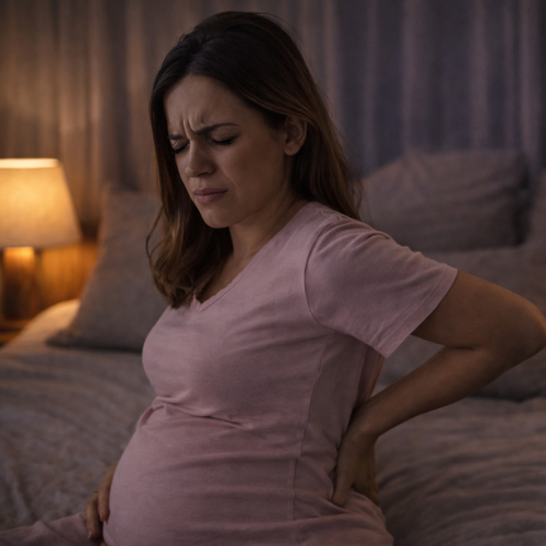 Femme enceinte souffrant de douleurs au dos pendant la nuit, illustrant l’inconfort du sommeil sans coussin de grossesse