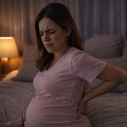 Femme enceinte souffrant de douleurs au dos pendant la nuit, illustrant l’inconfort du sommeil sans coussin de grossesse