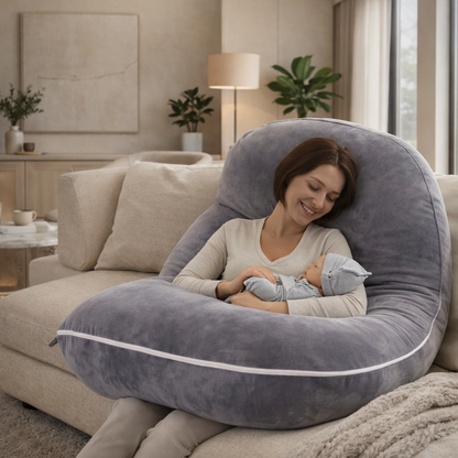 Maman allaitant son bébé avec un coussin de grossesse forme G offrant un soutien confortable du corps
