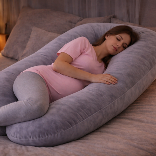 Femme enceinte dormant paisiblement avec un coussin de grossesse forme G gris offrant un soutien complet du corps pendant la nuit