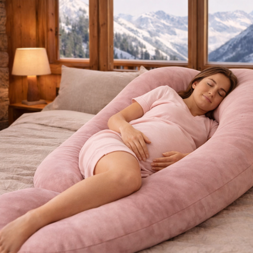 Femme enceinte dormant confortablement avec un coussin de grossesse forme G rose dans un chalet cosy face à la montagne