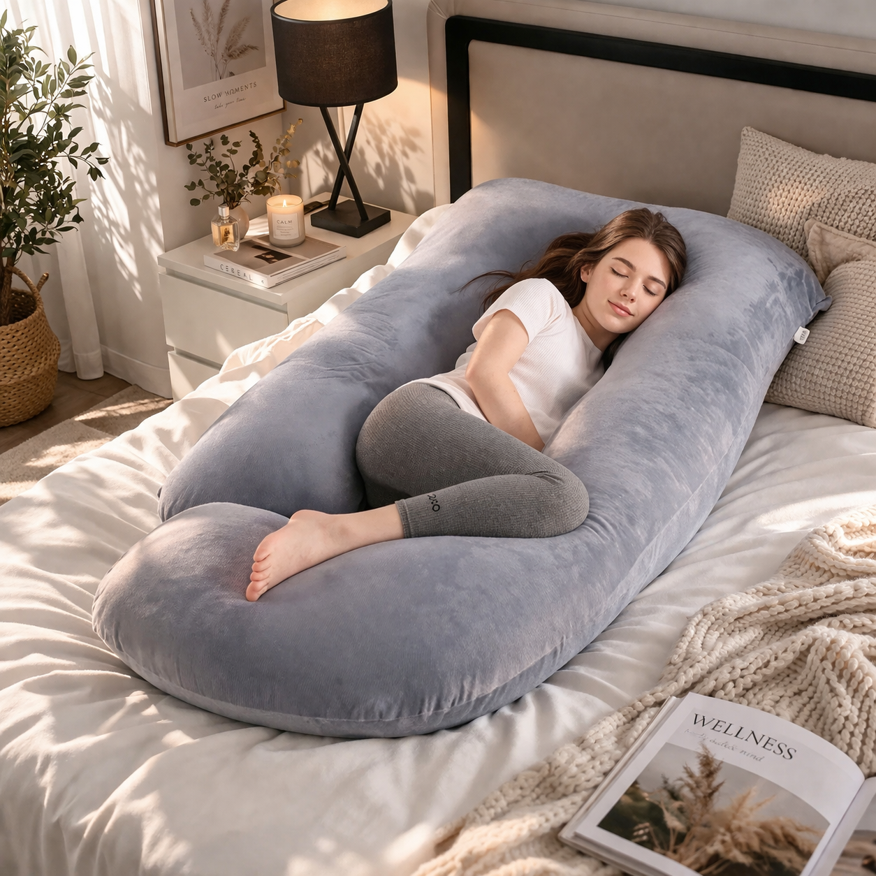 Femme enceinte dormant confortablement avec un coussin de grossesse gris perle en forme U, soutien total du corps pour des nuits sans douleur