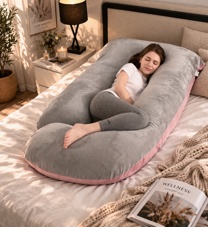 Femme enceinte dormant paisiblement avec un coussin de grossesse gris et rose poudré en forme U pour un soutien total du corps et des nuits sans douleur