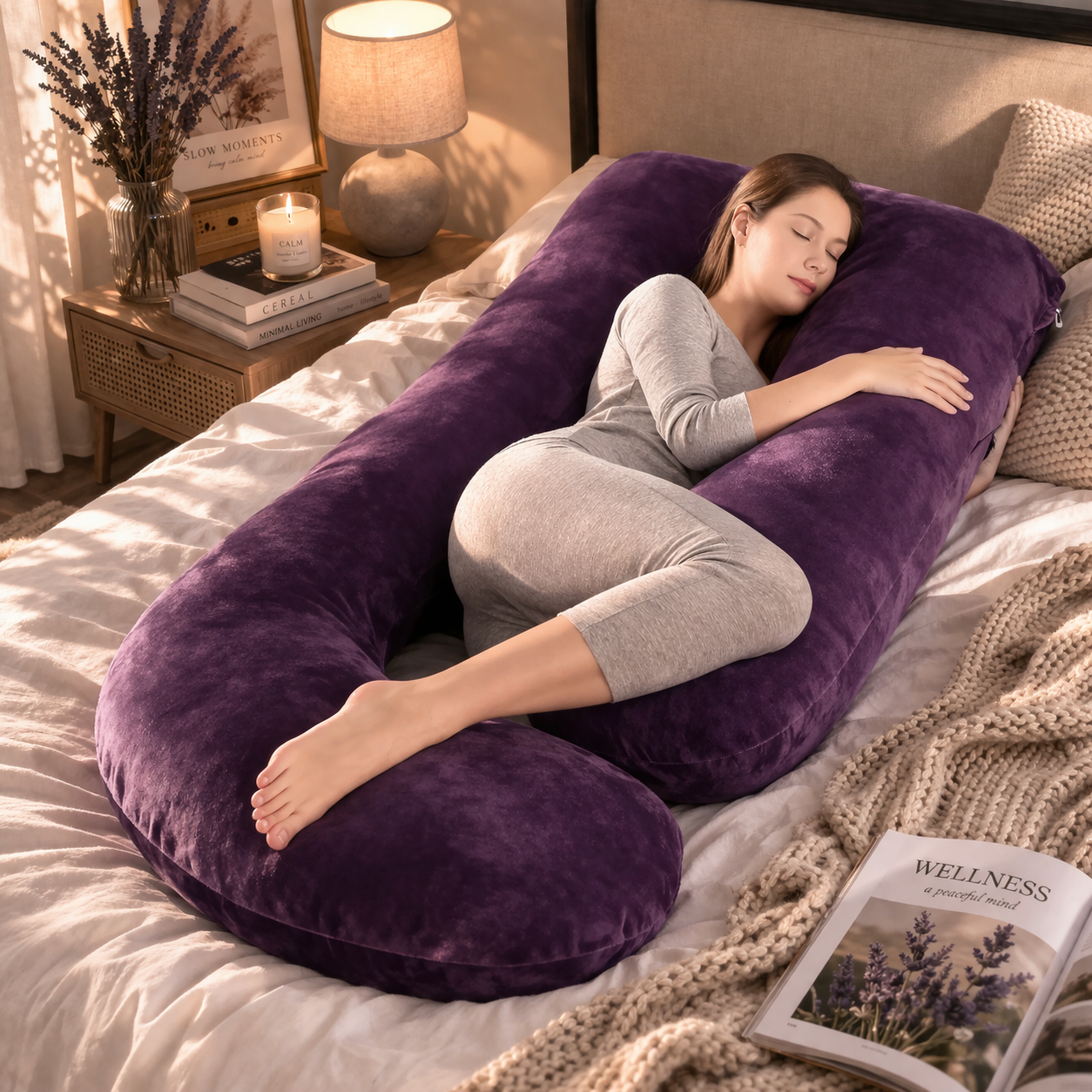 Femme enceinte dormant confortablement avec un coussin de grossesse prune velours en forme U pour un soutien total du corps et des nuits sans douleur