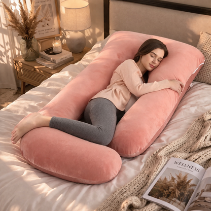 Femme enceinte dormant paisiblement avec un coussin de grossesse rose poudré en forme U pour un soutien total et des nuits sans douleur