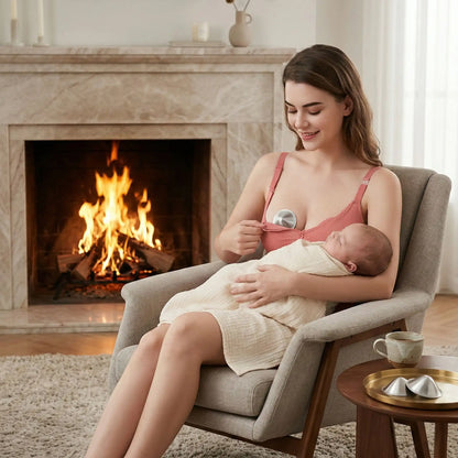 Maman allaitant son bébé avec coussinet d’allaitement en argent tri-laminé pour protéger les mamelons sensibles