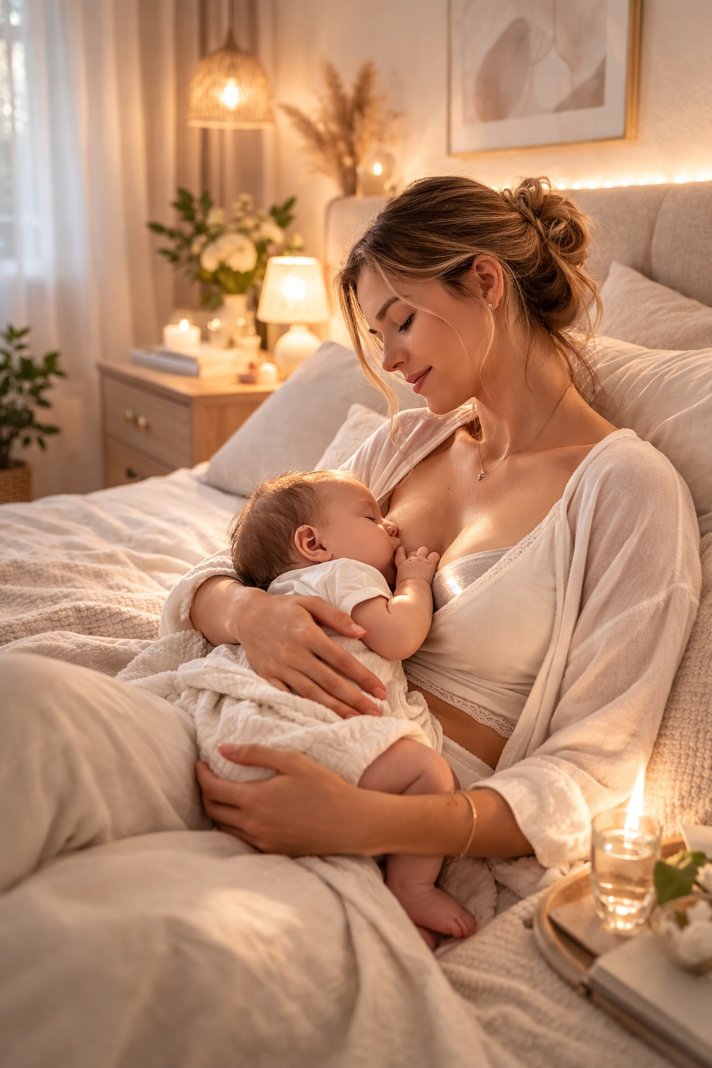 Maman allaitant son bébé la nuit avec coussinet d’allaitement en argent pour protéger les mamelons sensibles