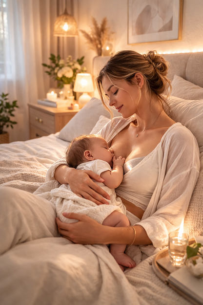 Maman allaitant son bébé la nuit avec coussinet d’allaitement en argent pour protéger les mamelons sensibles